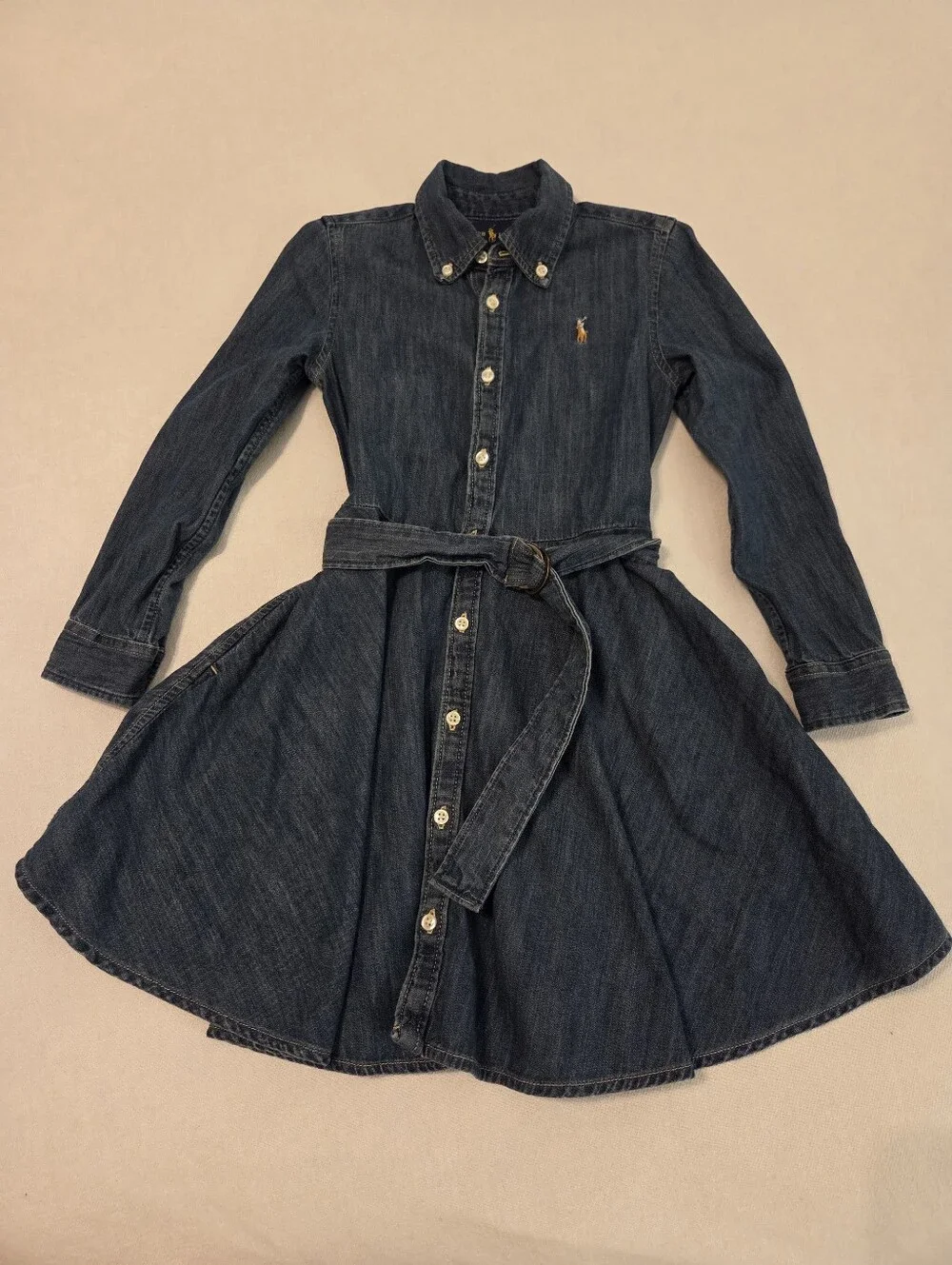 POLO RALPH LAUREN Girls Belted Denim Button Down Embroidered Pony Shirt Dress